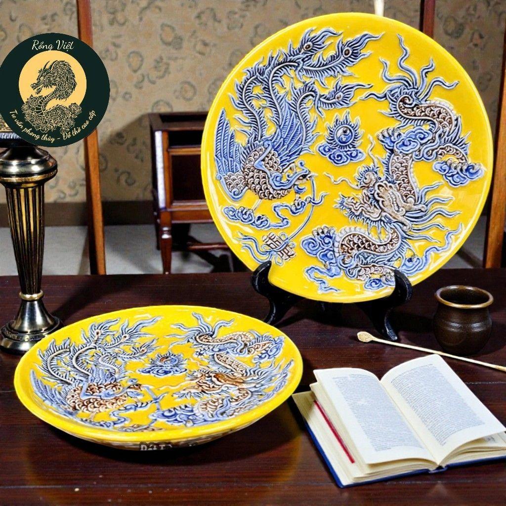 Mâm Bồng Rồng Đắp Nổi Men Vàng RỒNG VIỆT - Mâm Quả Bát Tràng cho Gia Tiên và Thần Tài