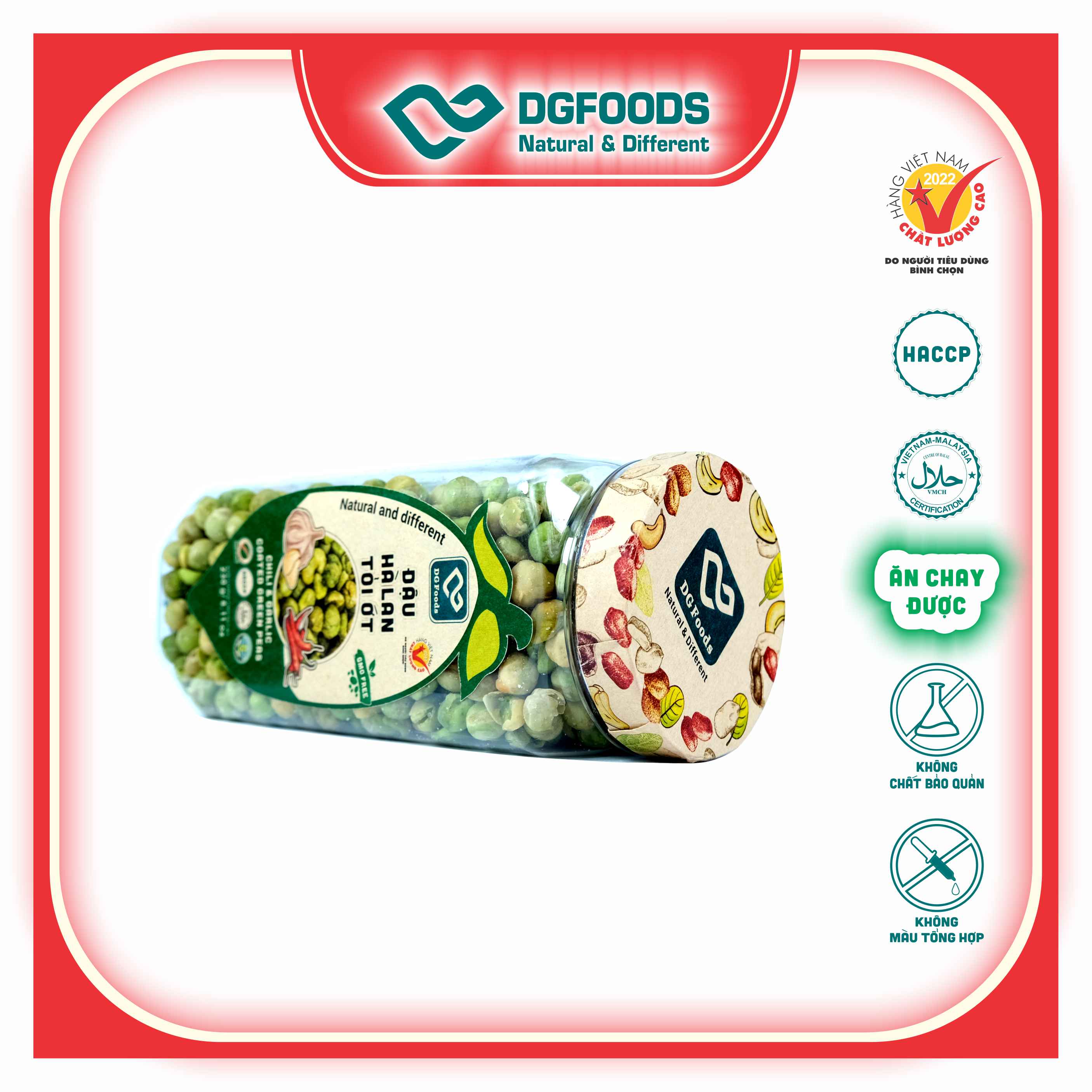 Đậu Hà Lan Tỏi Ớt DGfoods 230g/ Chili &amp; garlic coated green peas/ HVNCLC, Haccp, Halal, Ăn chay, Ăn kiêng, Đặc sản Cần Thơ