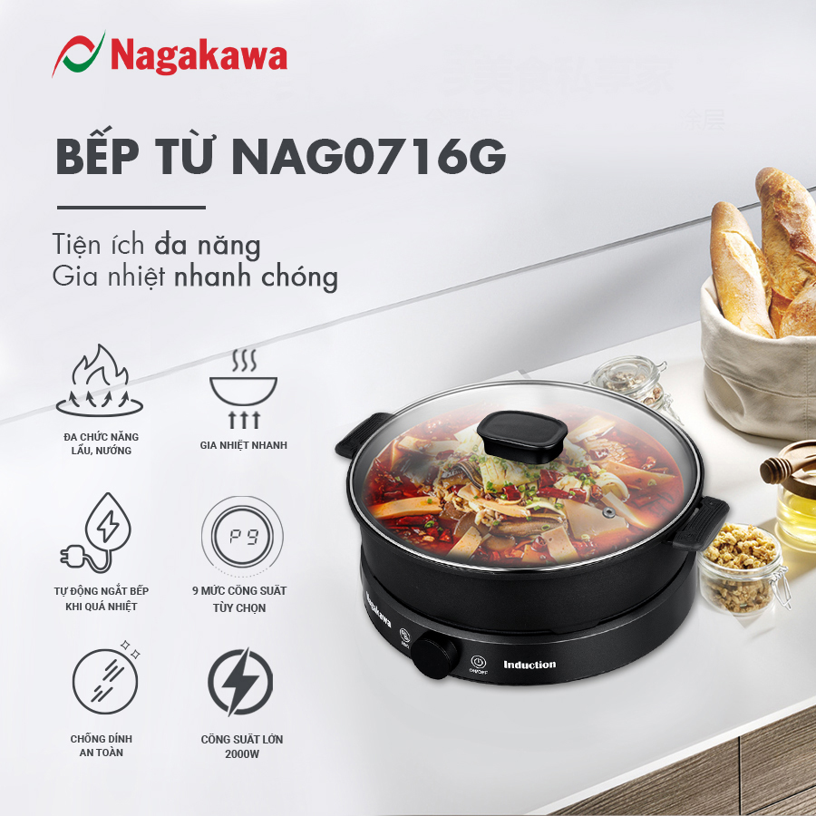 Bếp điện từ đa năng Nagakawa NAG0716 - Kèm nổi lẩu và vỉ nướng chuyên dụng - Hàng chính hãng