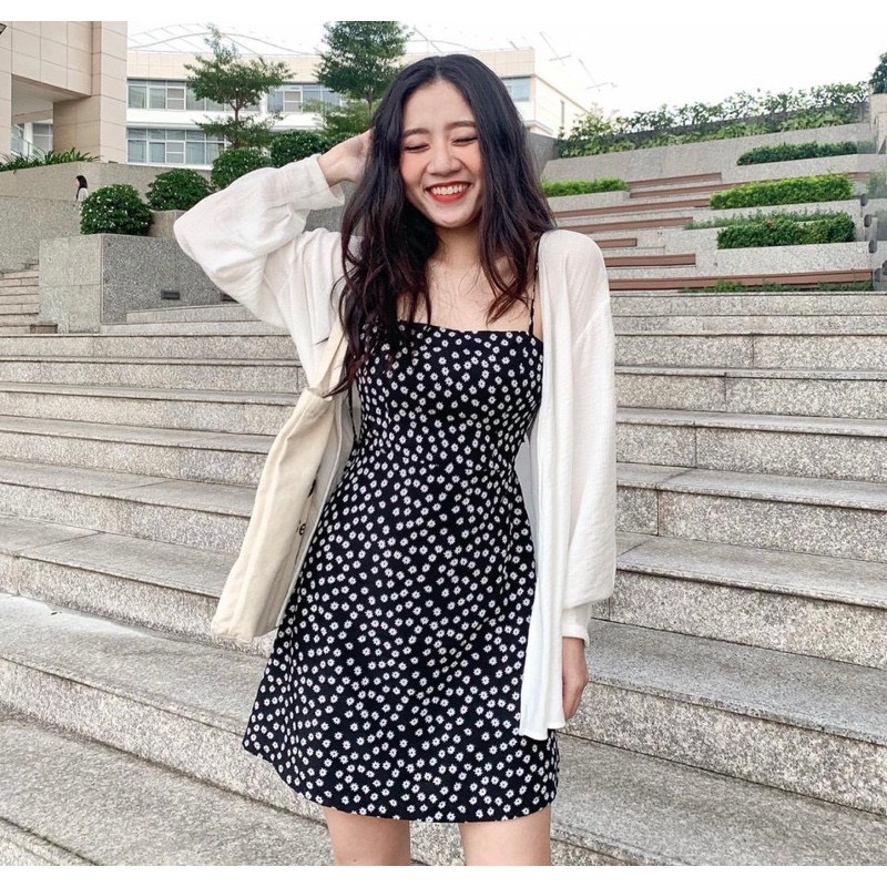 ĐẦM ĐEN HOA FLORAL HAI DÂY SUÔNG CỔ U ĐI BIỂN DẠO PHỐ DỰ TIỆC