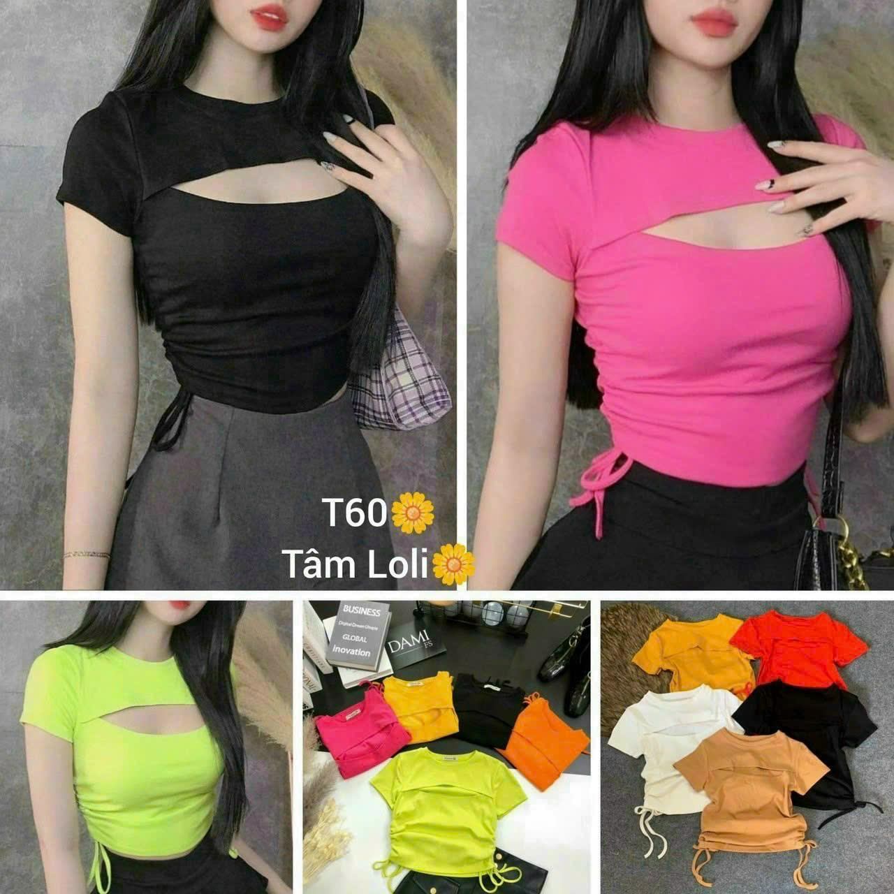 Áo thun croptop nữ ngắn tay dây rút khoét ngực, áo crt ôm body kiểu hàn quốc cổ tròn gợi cảm đen trắng dưới 50kg