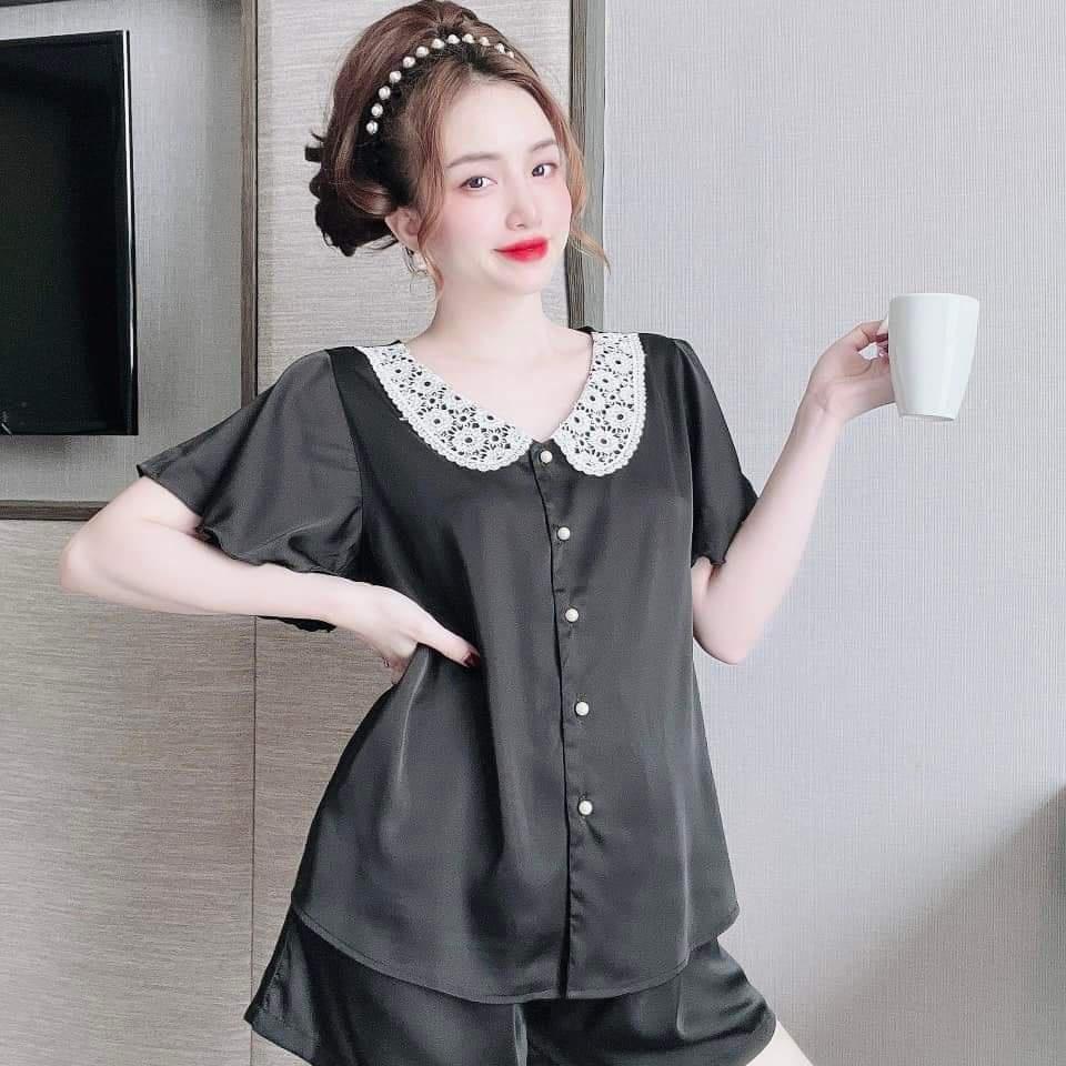 Đồ Mặc Nhà Quần Ngắn, Đồ Bộ Nữ Cổ Ren Tay Xòe Chất Lụa LATIN CAO CẤP, Ít Nhăn, Phom Dưới 56kg