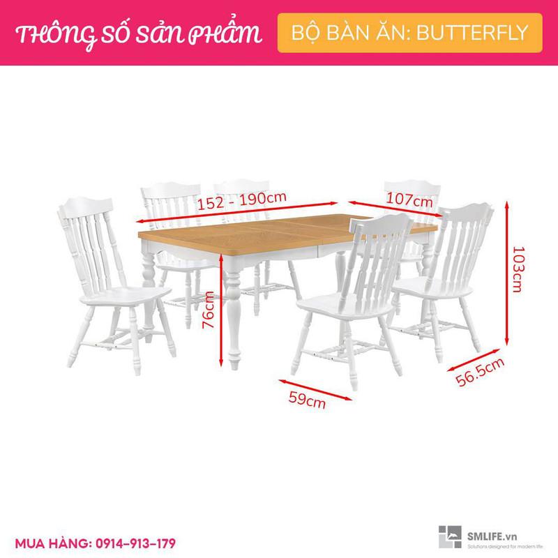 Bộ bàn ăn thông minh kéo dài 6 ghế gỗ sồi tân cổ điển SMLIFE Papilon Butterfly | D152 x R107 x  x C76cm | tăng giảm độ dài bàn
