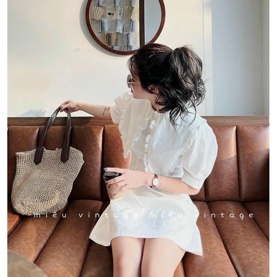 Đầm váy cổ tròn bèo lá xếp ly màu trắng tinh khôi, thời trang nữ dạo phố, dự tiệc