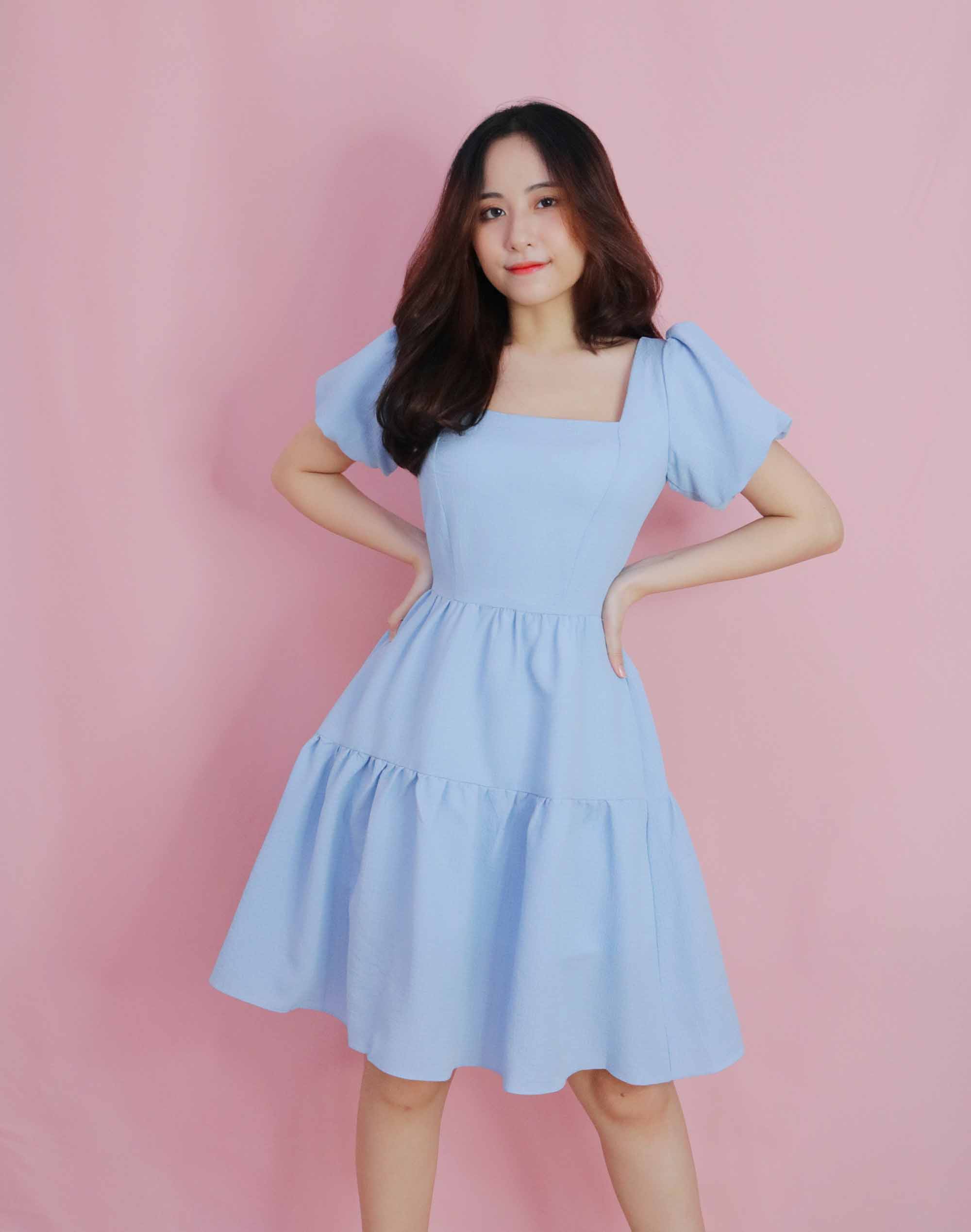 Đầm xanh dự tiệc dáng xòe cổ vuông tay phồng thiết kế thanh lịch thời trang đi tiệc đi làm eo che bụng