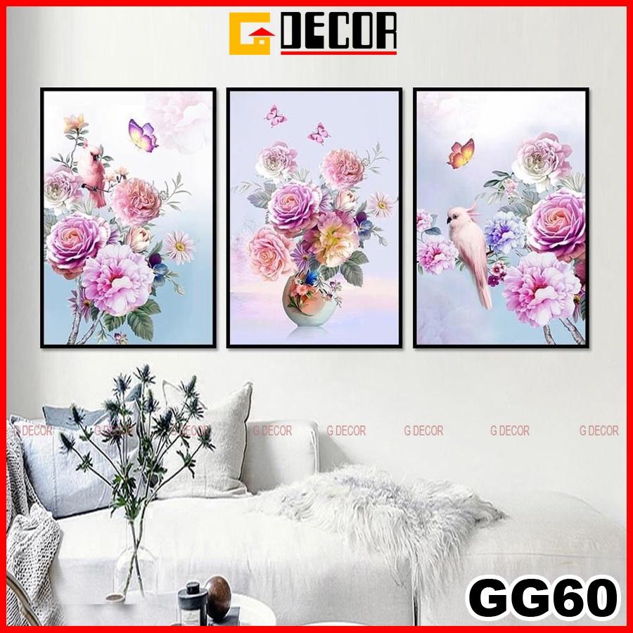 Tranh treo tường canvas 3 bức phong cách hiện đại Bắc Âu 60, tranh hoa hồng trang trí phòng khách, phòng ngủ, phòng ăn