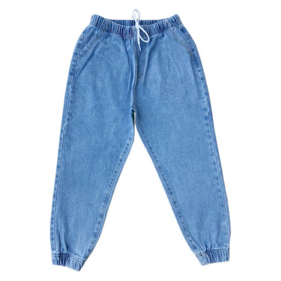 Quần jean baggy Unisex QJ003 Xanh nhạt trơn - rách lưng thun phong cách hip hop