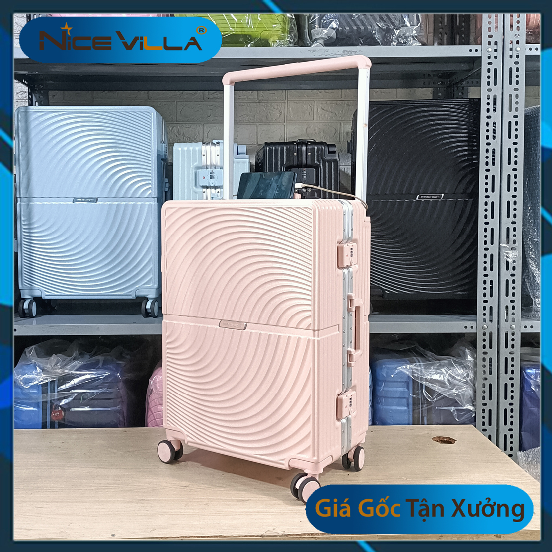 Vali Khung Nhôm Khóa Sập Vân Xoắn Cao Cấp Tích hợp cổng USB Size 22inch &amp; 26inch