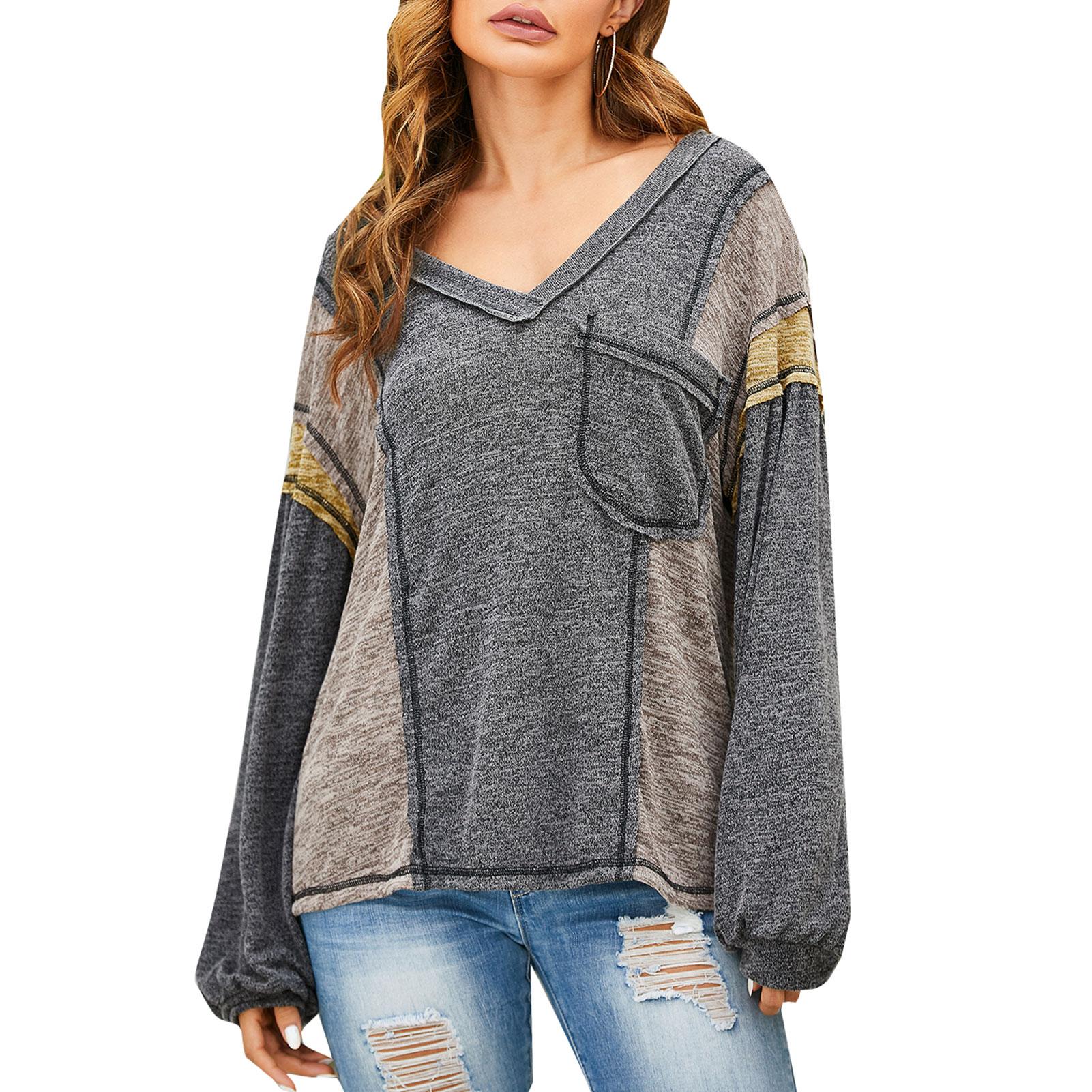 Women Sweatshirt Splicing V Neck Pocket Lantern Sleeve Shirt Casual Loose Tops