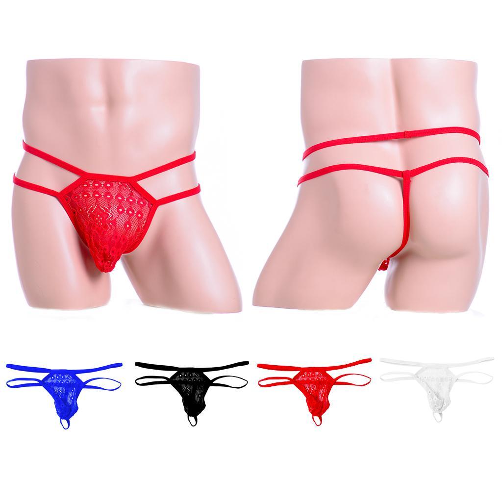 Men's Sexy Low Rise Underwear Lace Coins Double Belts See-through Briefs Thongs