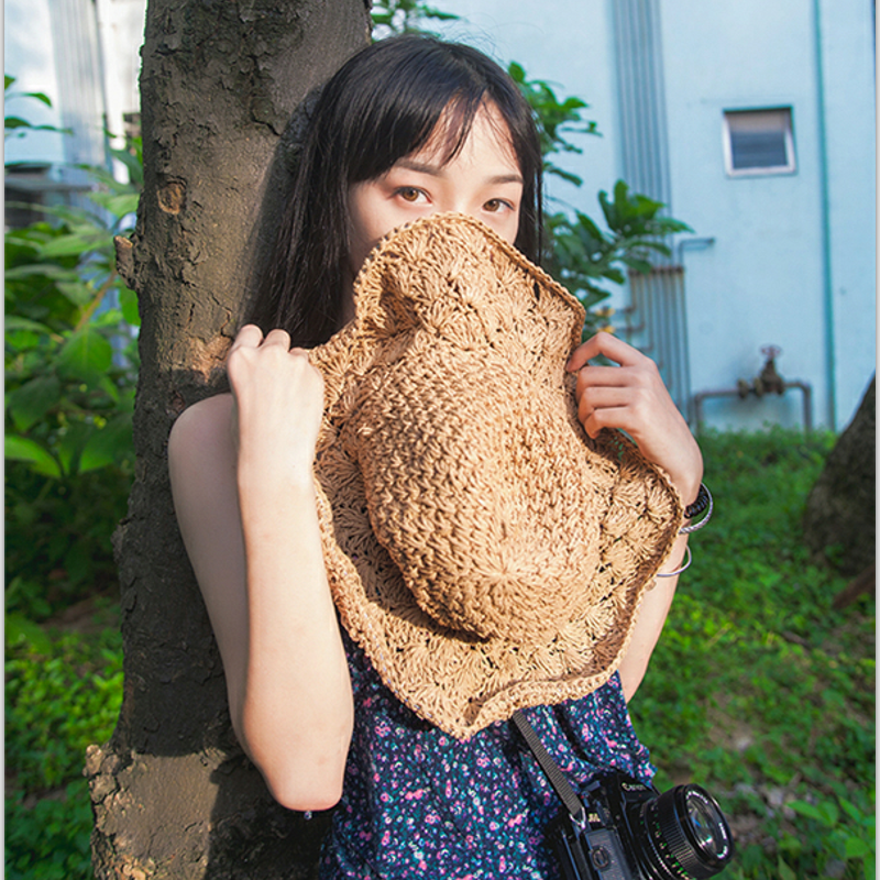 Thời Trang Mùa Hè Tay Gấp Gọn Strawhat Hat Lớn Cùng Vintage Handmade Móc Rơm Bện Chống Nắng Cho Nón