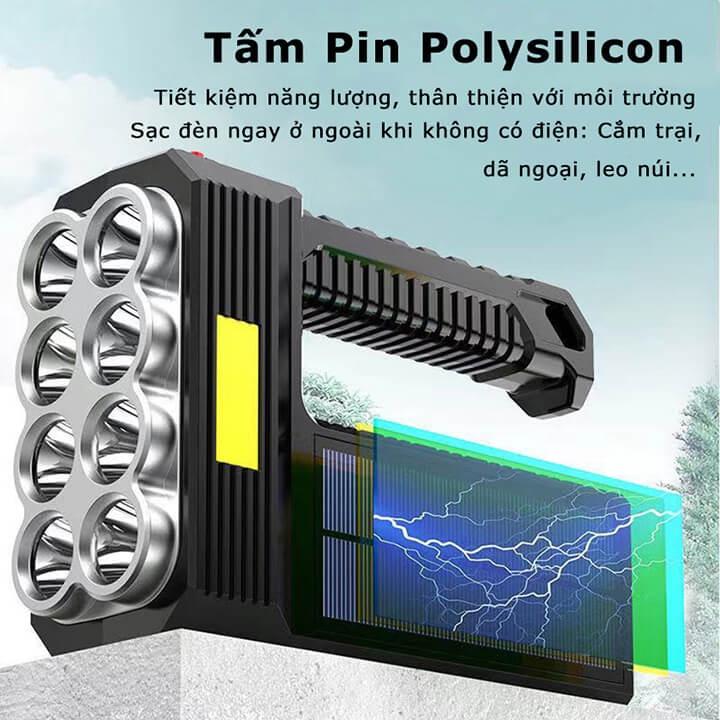 Đèn pin cầm tay siêu sáng chiếu xa 300m 8 bóng led, đèn pin sạc năng lượng mặt trời có COB Led 4 chế độ