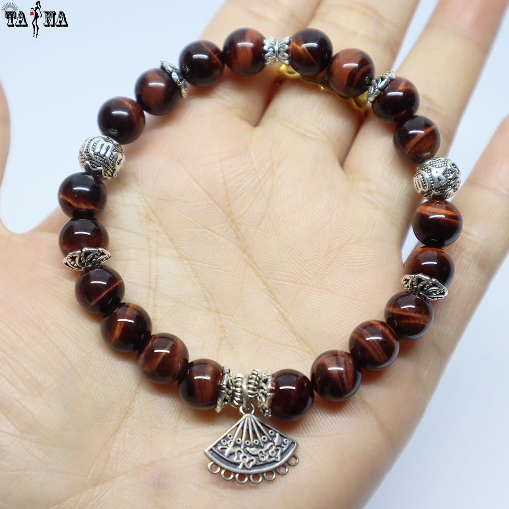 Vòng đá mắt hổ đỏ nâu 4A charm bạc 925 cao cấp