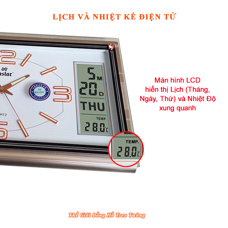 Đồng Hồ Cao Cấp EASTAR Có DẠ QUANG &amp; LỊCH và NHIỆT KẾ ĐIỆN TỬ - Máy KIM TRÔI - Tặng Pin Maxell - Decor Trang Trí Nhà - BH 1 Năm