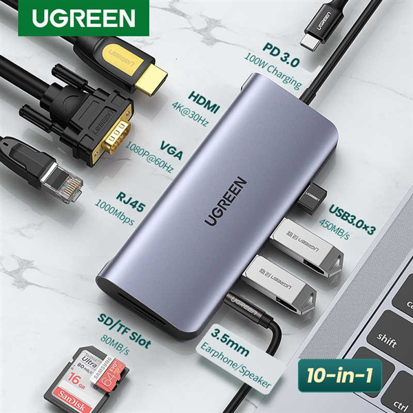 Bộ chuyển đổi đa năng USB Type C 10 in 1 UGREEN 80133 (USB C sang 3 USB 3.0, HDMI, RJ45,SD,TF, AUDIO 3.5) - Hàng Chính Hãng