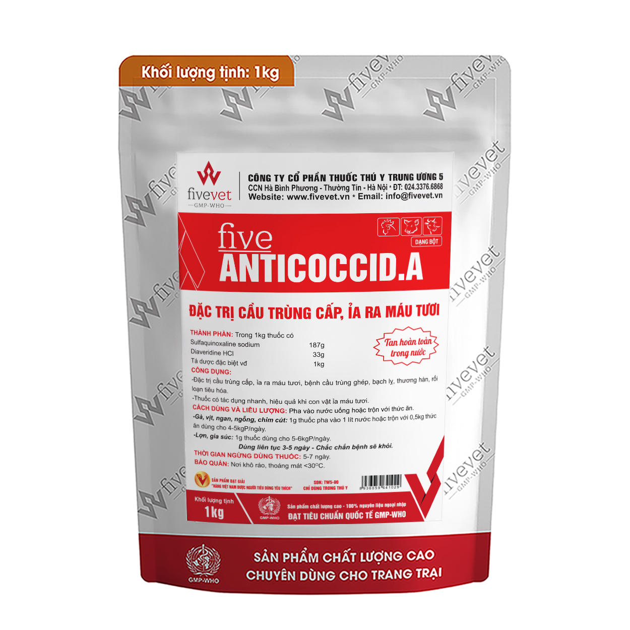 Thuốc bột Five Anticoccid.A Đặc t.rị cầu trùng cấp, ỉa ra máu tươi