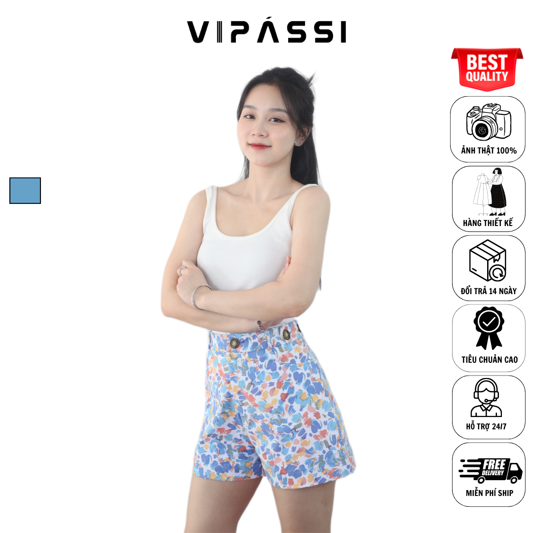 VIPÁSSI Quần Sort Nữ Kaki Hoa Quai Dê Đính Nút Xẻ Túi