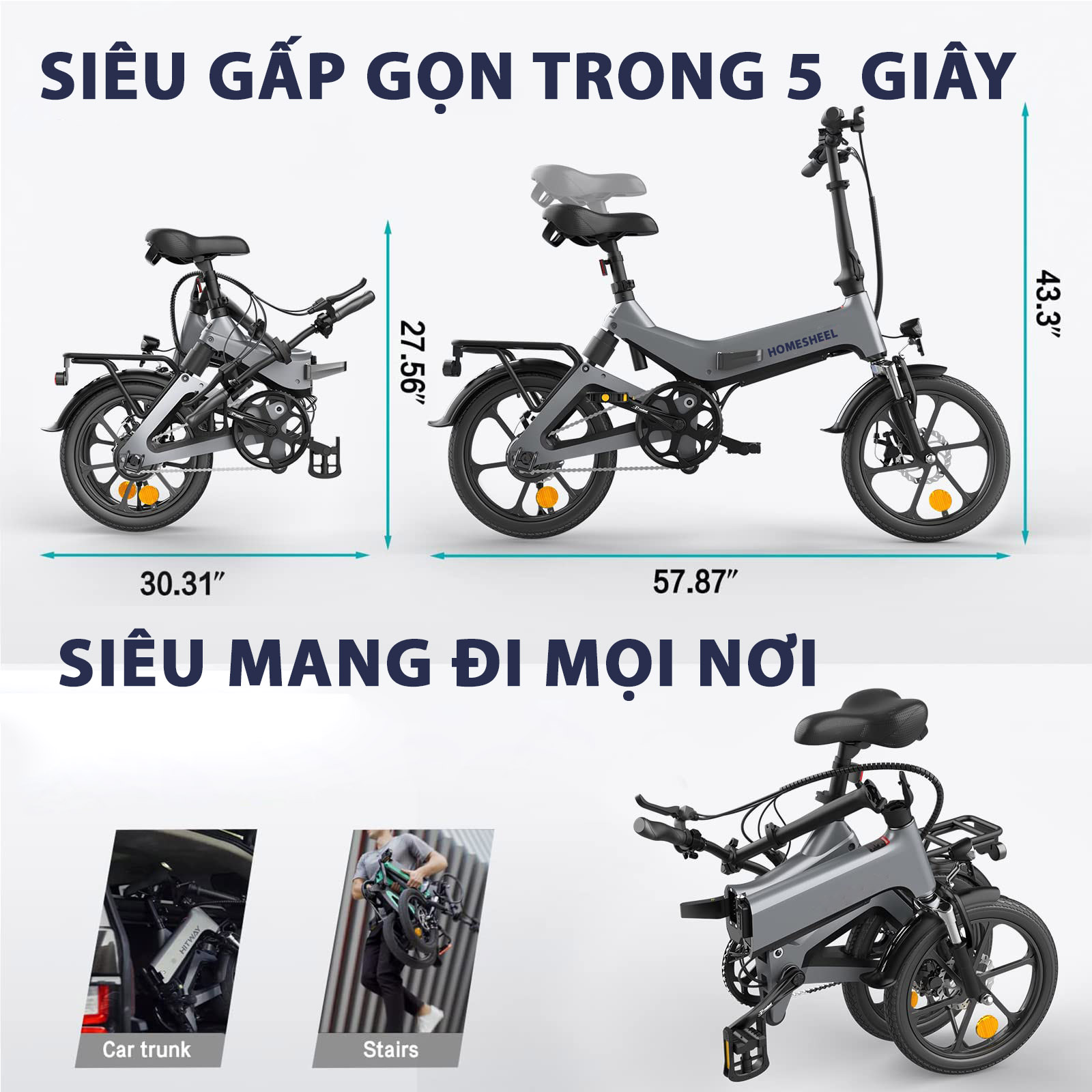 Xe Đạp Điện Gấp Gọn Homesheel T7 chính hãng ( bảo hành 2 năm)