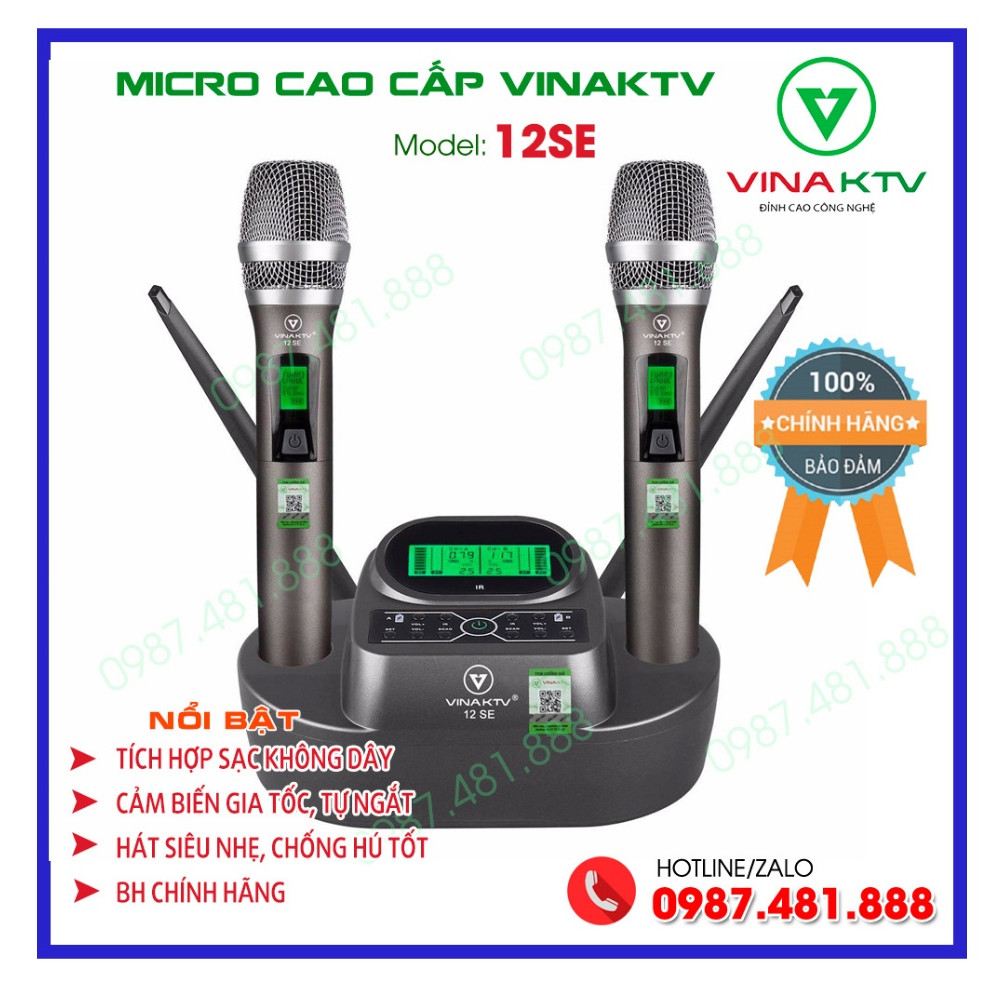 Micro karaoke không dây cao cấp VinaKTV 12SE - Sử dụng pin sạc, có cảm biến tự ngắt, gia tốc - Hát nhẹ, bay, chống hú tốt - Hàng chính hãng