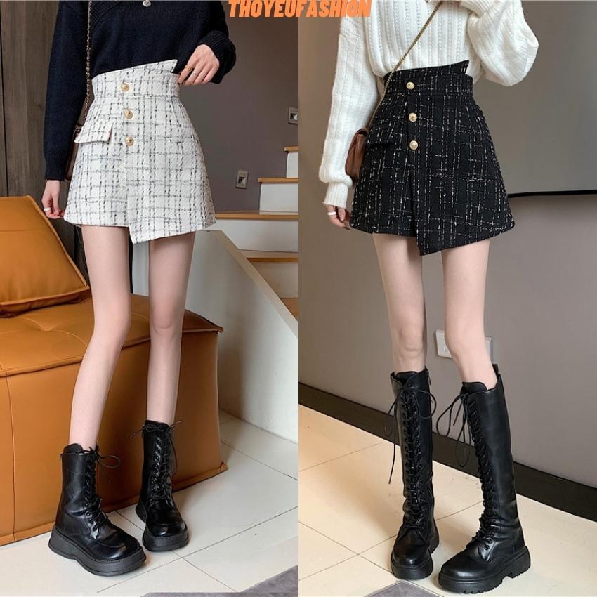 Chân Váy Dạ Tweed Cạp Lệch Dáng Chữ A Ngắn Có quần Lót Trong 3 Cúc Túi Nắp Thời Trang Nữ M353