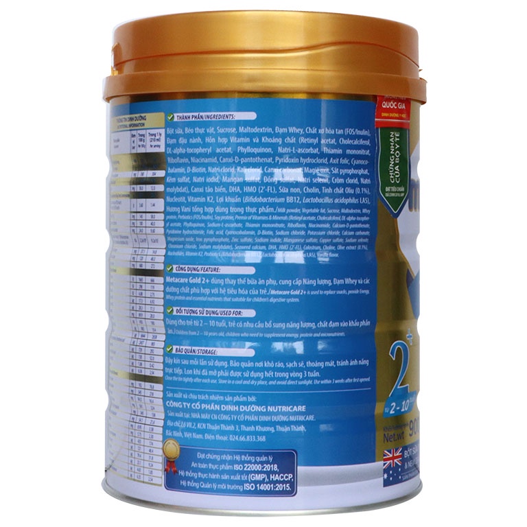 Sữa bột MetaCare Gold 2+ lon 900g, giúp bé tiêu hóa khỏe, tăng hấp thu, tăng cân, phát triển chiều cao