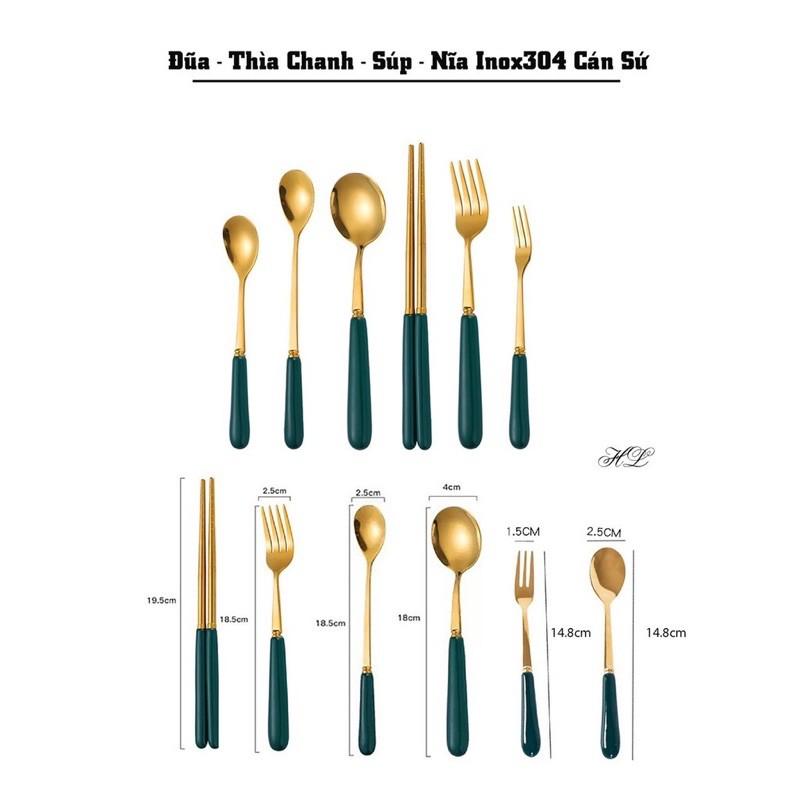Thìa, dĩa mạ vàng cán sứ màu xanh cổ vịt