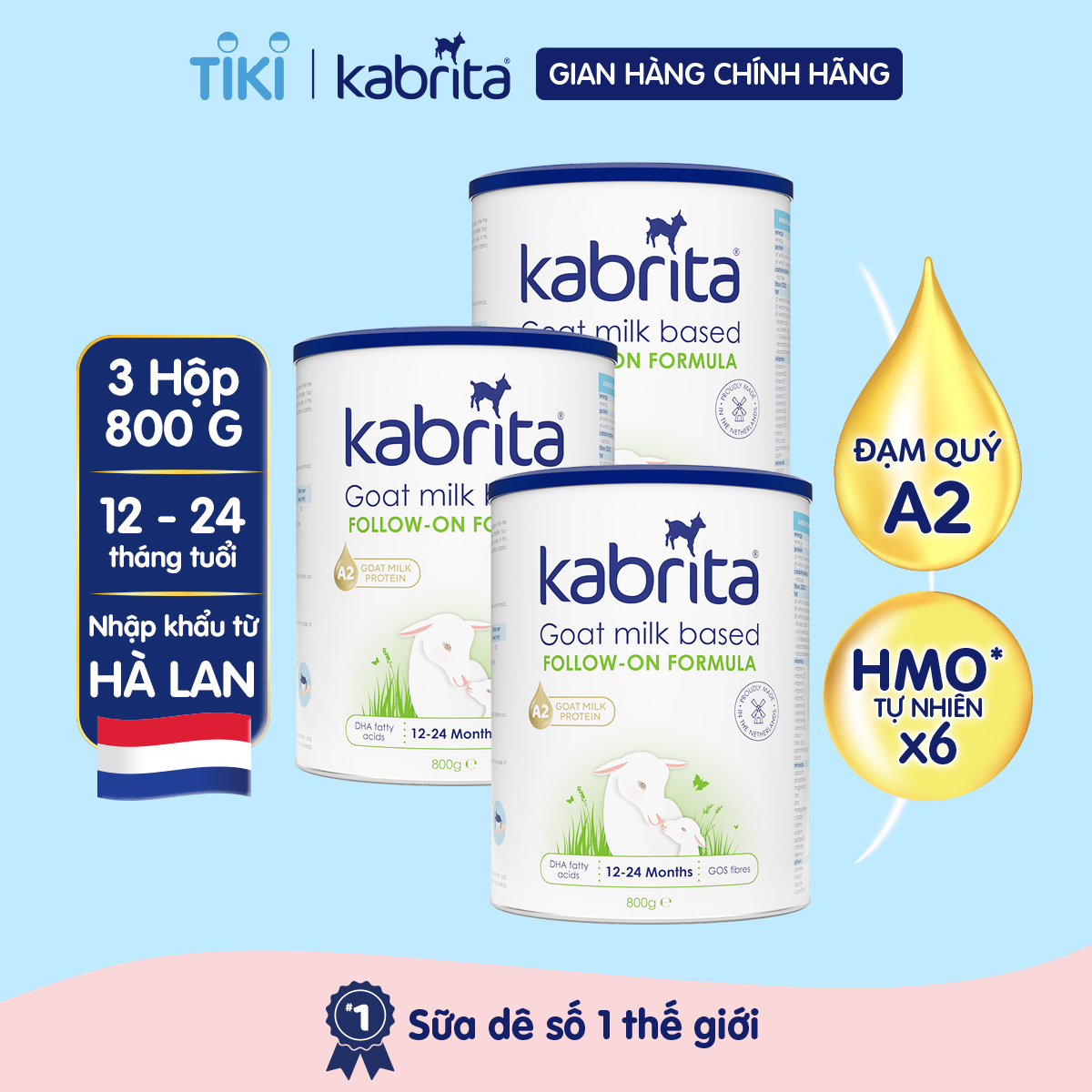 Combo 3 lon Sữa dê Kabrita số 2 cho trẻ từ 12- 24 tháng - Lon 800g