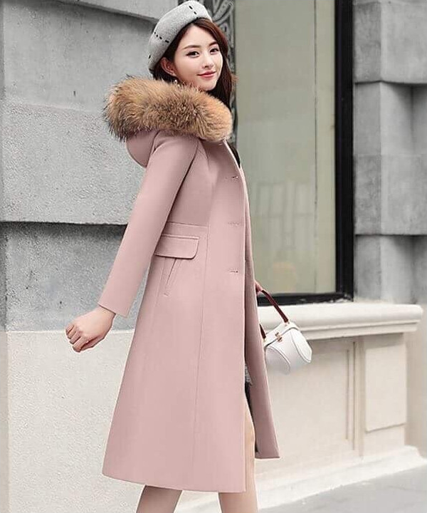 Áo khoác dạ dáng dài có nón phối lông thời trang
