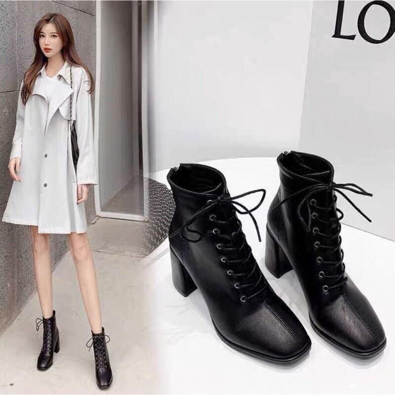 Bốt nữ cao gót, khóa sau mix dây buộc style xứ Hàn - Thời Trang PKT