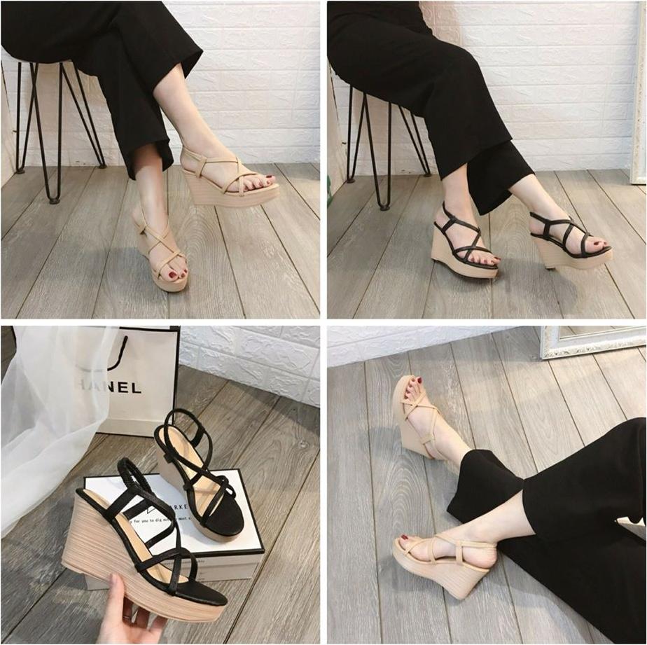 Giày Đế Xuồng Sandal Cao Gót Nữ Đẹp Siêu Nhẹ Cao 9P Phối Chéo Dây Êm Chân CTS-CG (Hình Thật)