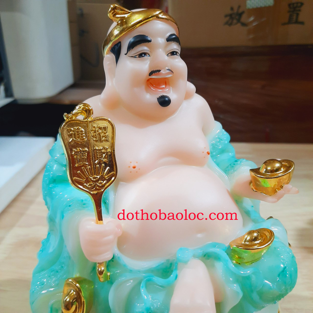 Tượng Thần Tài Thổ Địa bằng đá cao cấp nhập khẩu màu xanh ngọc cao 20cm
