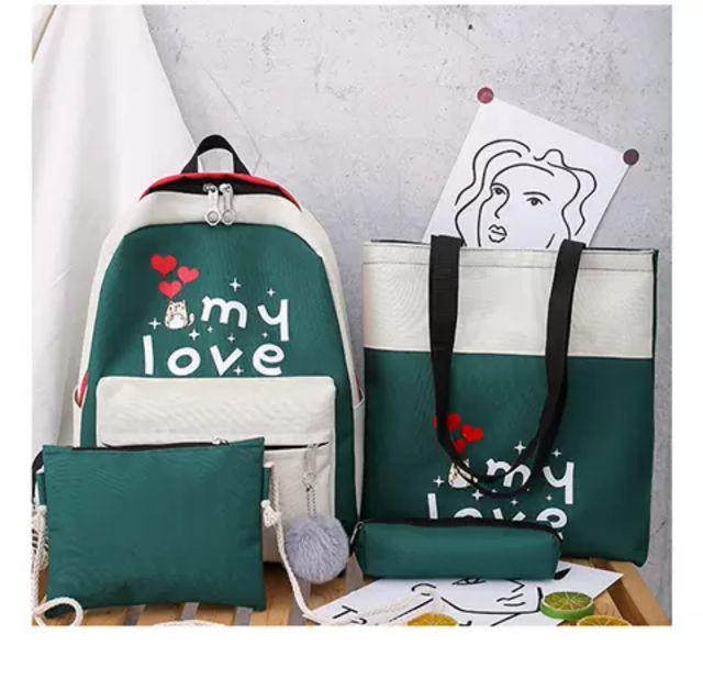 Cặp học sinh 4 món giá rẻ, cặp đi học 4 món, cặp học sinh nữ, ba lô nữ đẹp, balo MY LOVE