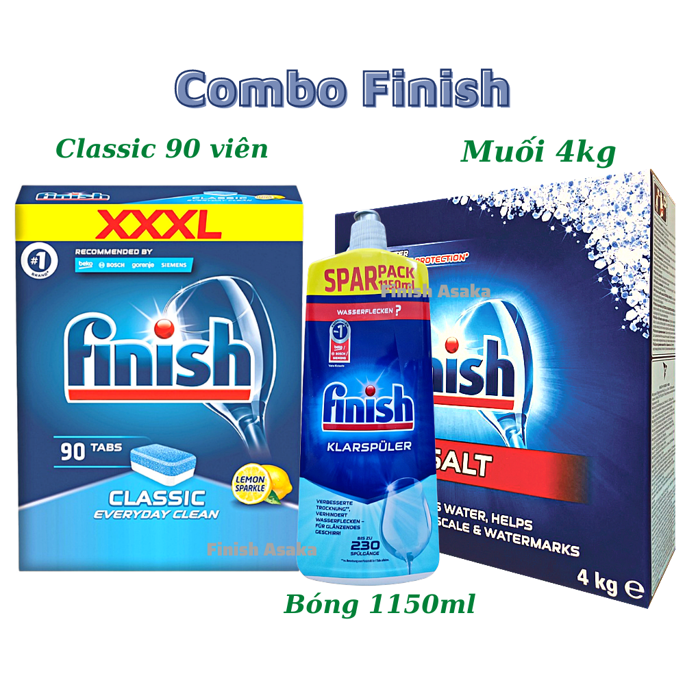 Combo rửa bát Finish: Nước làm bóng 1150ml, Muối hộp 4kg, Viên Classic hộp 90 viên - Chính hãng.