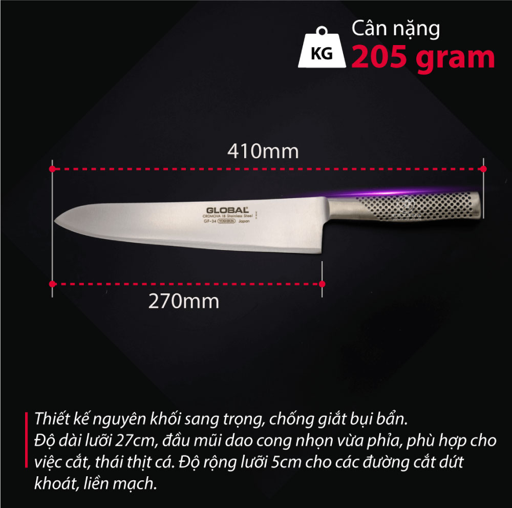 Dao bếp Nhật cao cấp Global GF34 Chef - Dao thái thịt cá (270mm) - Dao bếp Nhật chính hãng