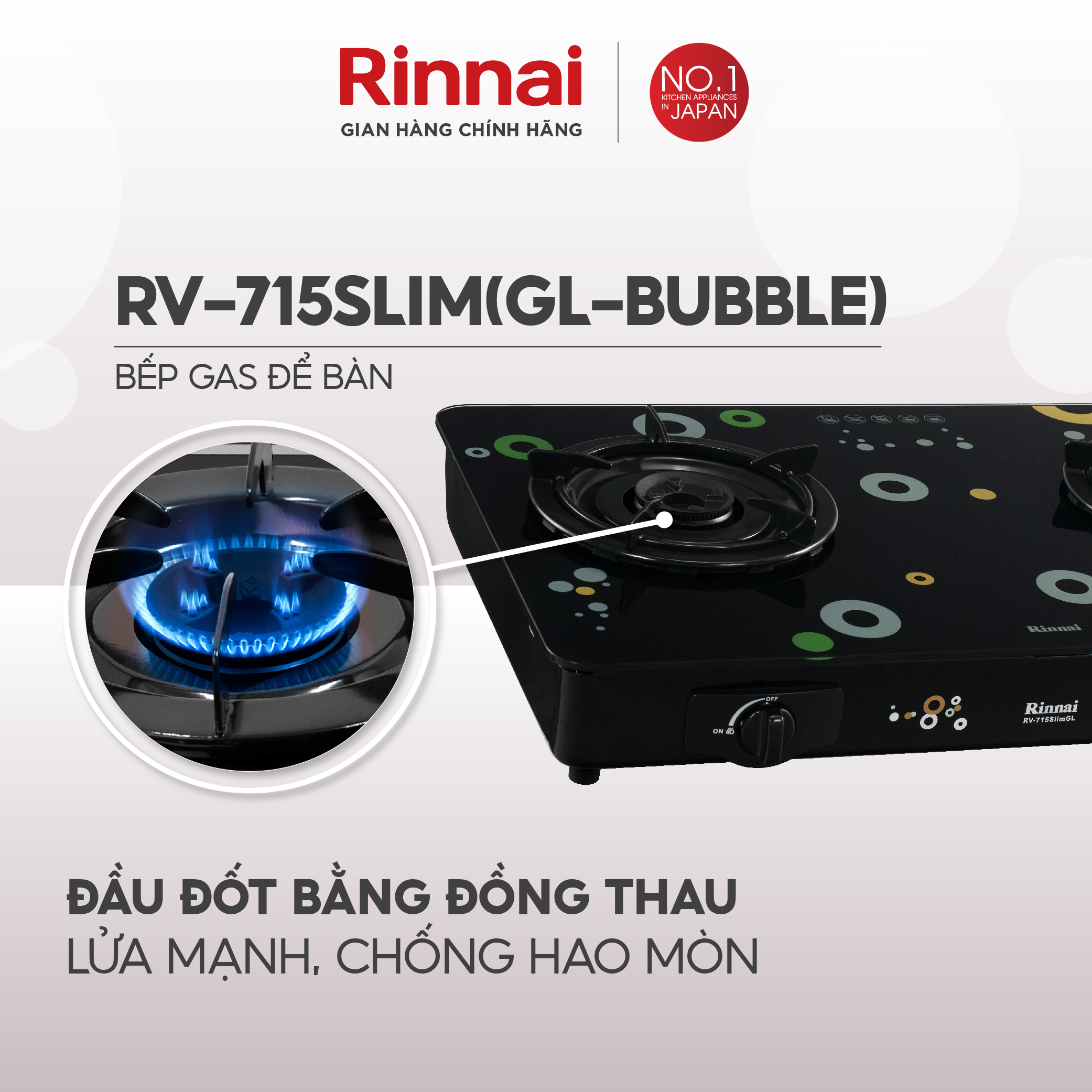 Bếp gas dương Rinnai RV-715Slim mặt bếp kính và kiềng bếp men - Hàng chính hãng.