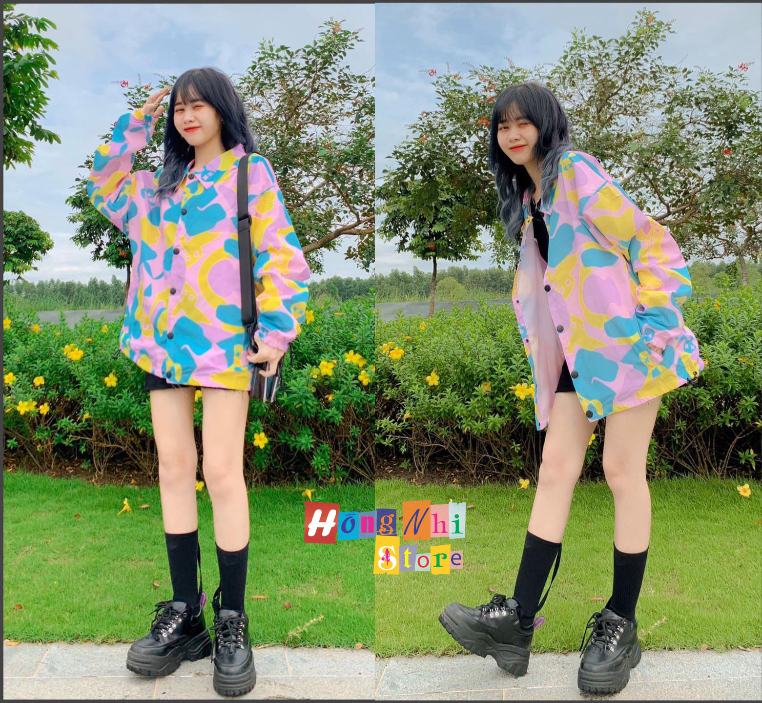 Áo Khoác Dù 3D Nút Bóp Dáng Rộng Unisex - Khoác Dù In Hình Mickey Nút Gài Dây Rút Dáng Dài - MM