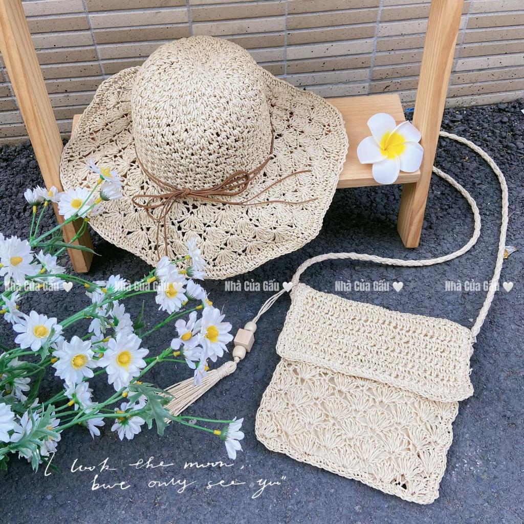 Set túi cói, nón cói hộp thư đeo chéo đeo vai đều đẹp