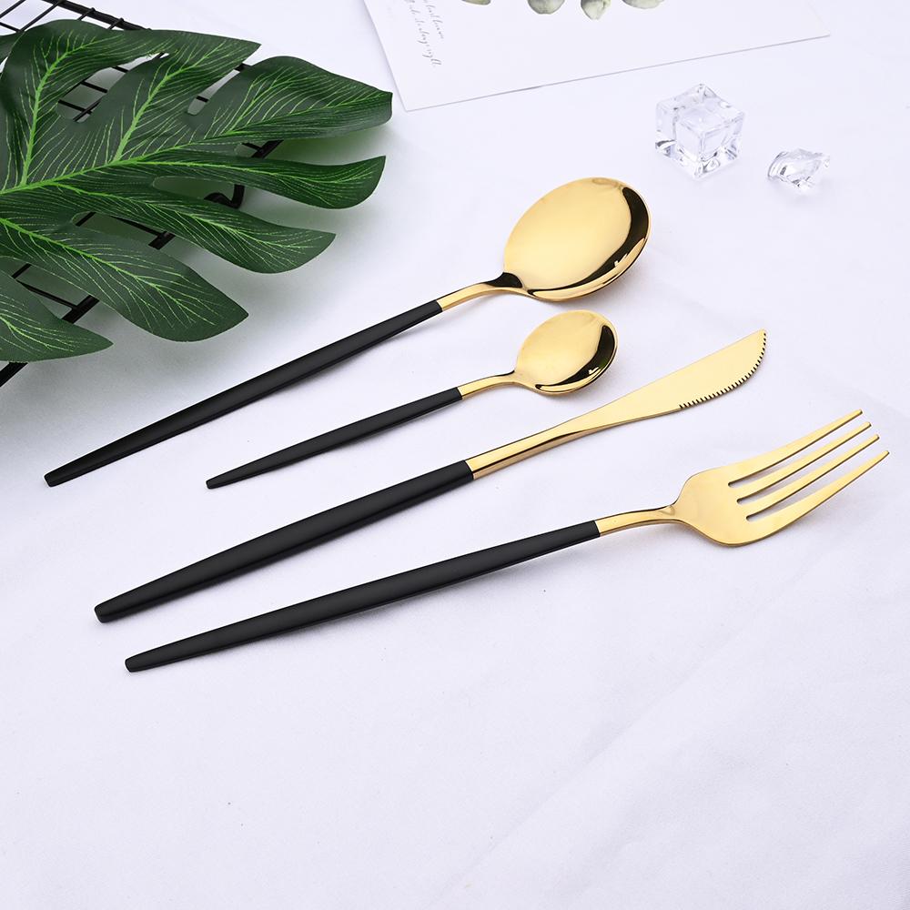 24Pcs Đen Vàng Chén Ăn Bộ Bộ Dao Kéo Hợp Kim Inox Nhà Bếp Dao Muỗng Nĩa Thìa Bộ Đồ Ăn Phẳng Bằng Bộ Kiềng Bạc Bộ
