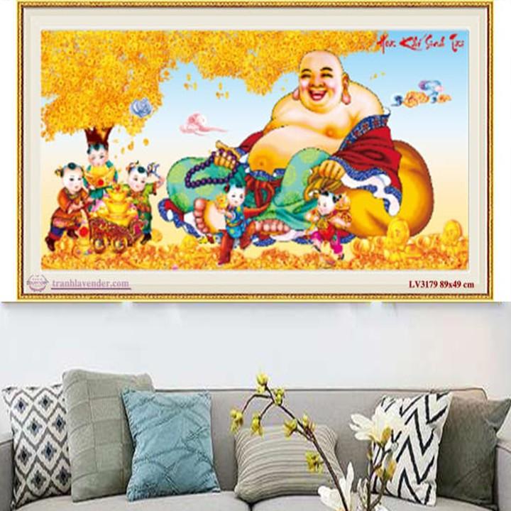 Tranh thêu Phật Di Lặc cây tiền LV3179 - kích thước: 89 * 49cm.