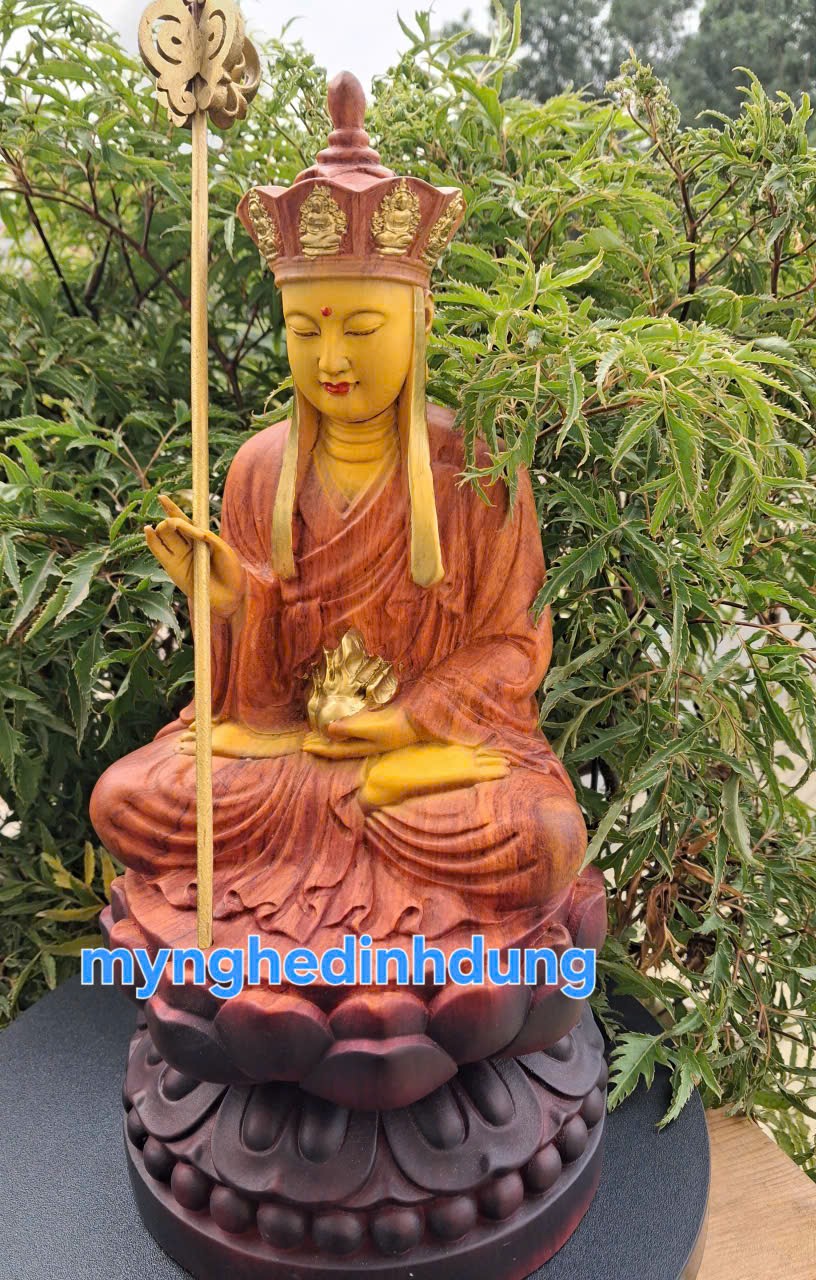 TƯỢNG PHẬT ĐỊA TẠNG VƯƠNG BỒ TÁT GỖ HƯƠNG ĐÁ PU GIẢ CỔ CAO 40X20X20CM