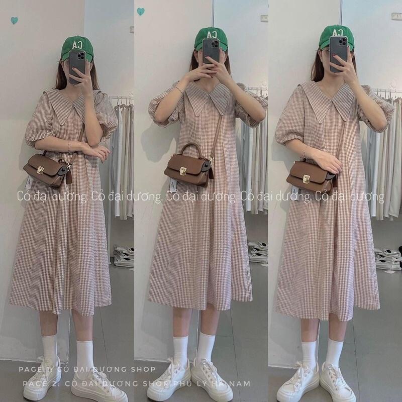 Váy kẻ tay bồng cổ bẻ 9475
