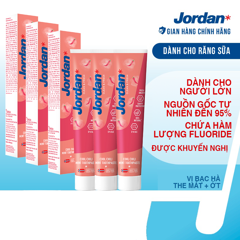 Combo 3 Kem đánh răng cho ngưởi lớn vị bạc hà và ớt Jordan Clean &amp; Fresh Cool - 75g