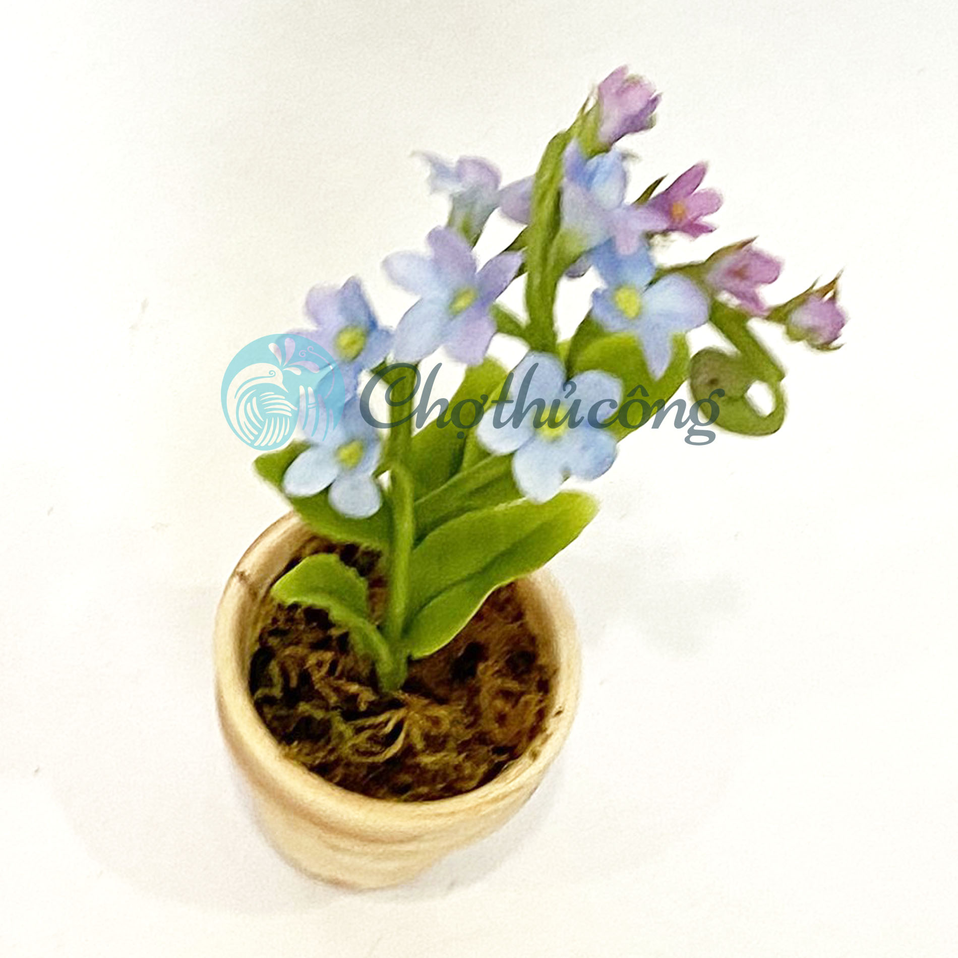 Chậu hoa lưu ly forget me not đất sét mini Nhật Thái, chậu cây mini hoa handmade - chậu hoa giả để bàn, quà tặng handmade