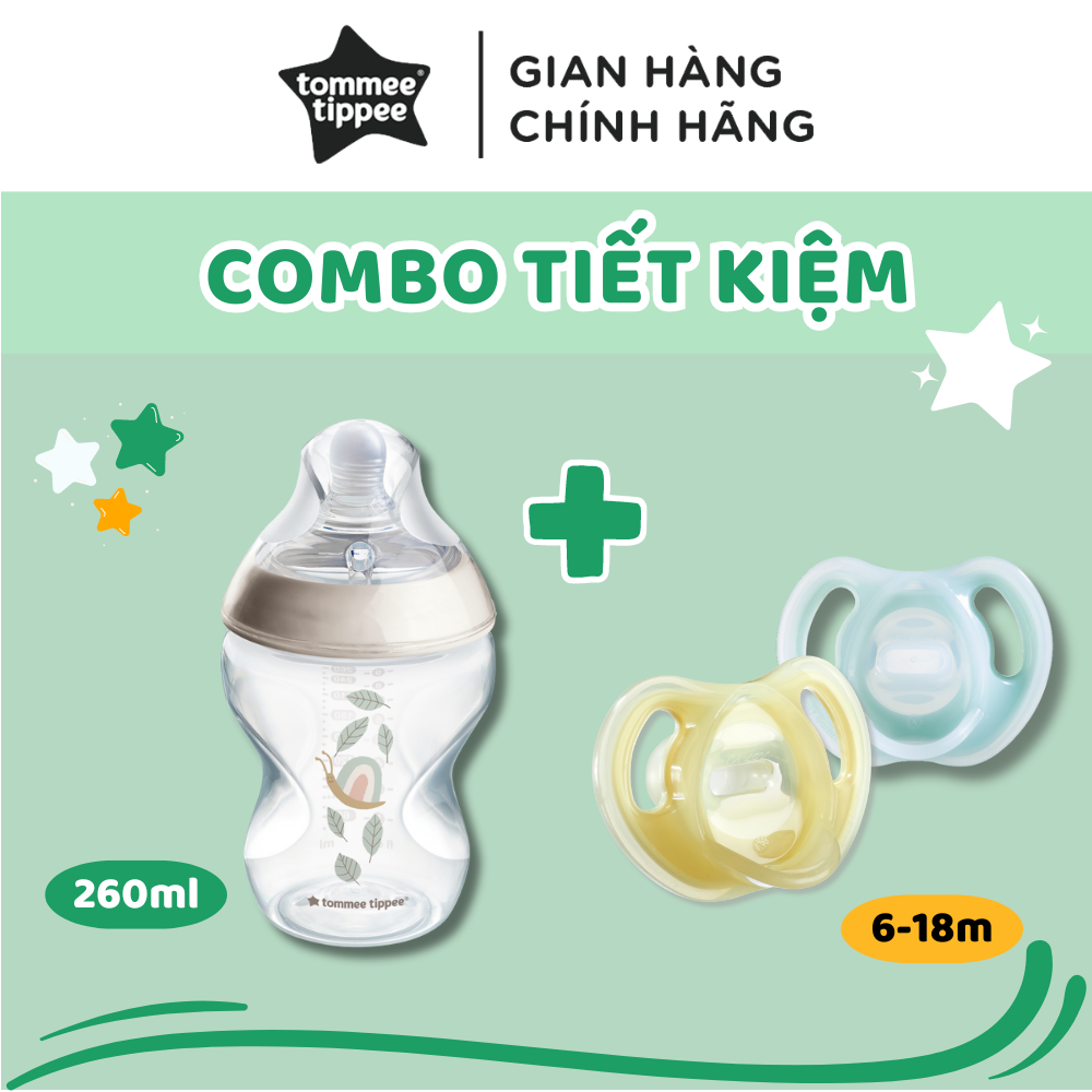 COMBO Ty Ngậm Silicon Siêu Nhẹ Tommee Tippee Ultra Light 6-18m & Bình Sữa PP Ty Siêu Mềm Tommee Tippee 260ml, Họa Tiết