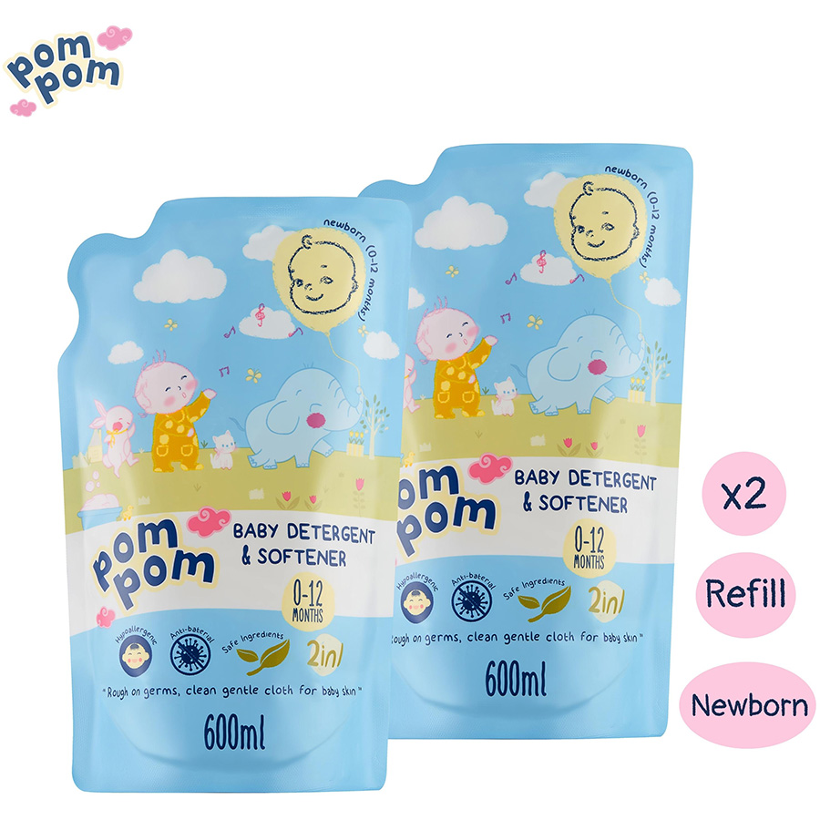 Combo 02 Túi 600ml Nước Giặt xả Em Bé Pom Pom Newborn Kháng Khuẩn Dịu Nhẹ (0 - 12 tháng)