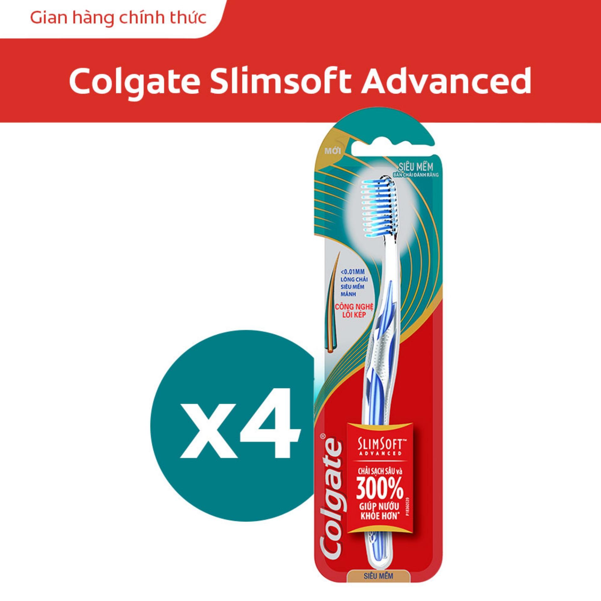 Bộ 4 bàn chải đánh răng Colgate Slimsoft Advanced lõi kép siêu mềm mảnh (Màu ngẫu nhiên)