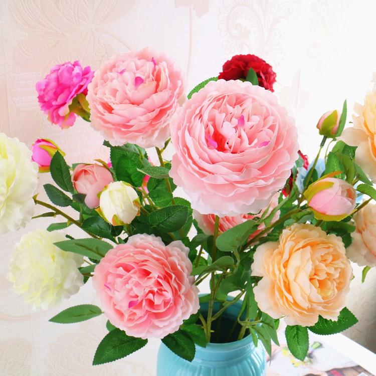 Hoa hồng mẫu đơn cành 2 bông to 1 nụ thấp 65cm - Hoa giả trang trí tiệc cưới, phụ kiện chụp ảnh, để bàn