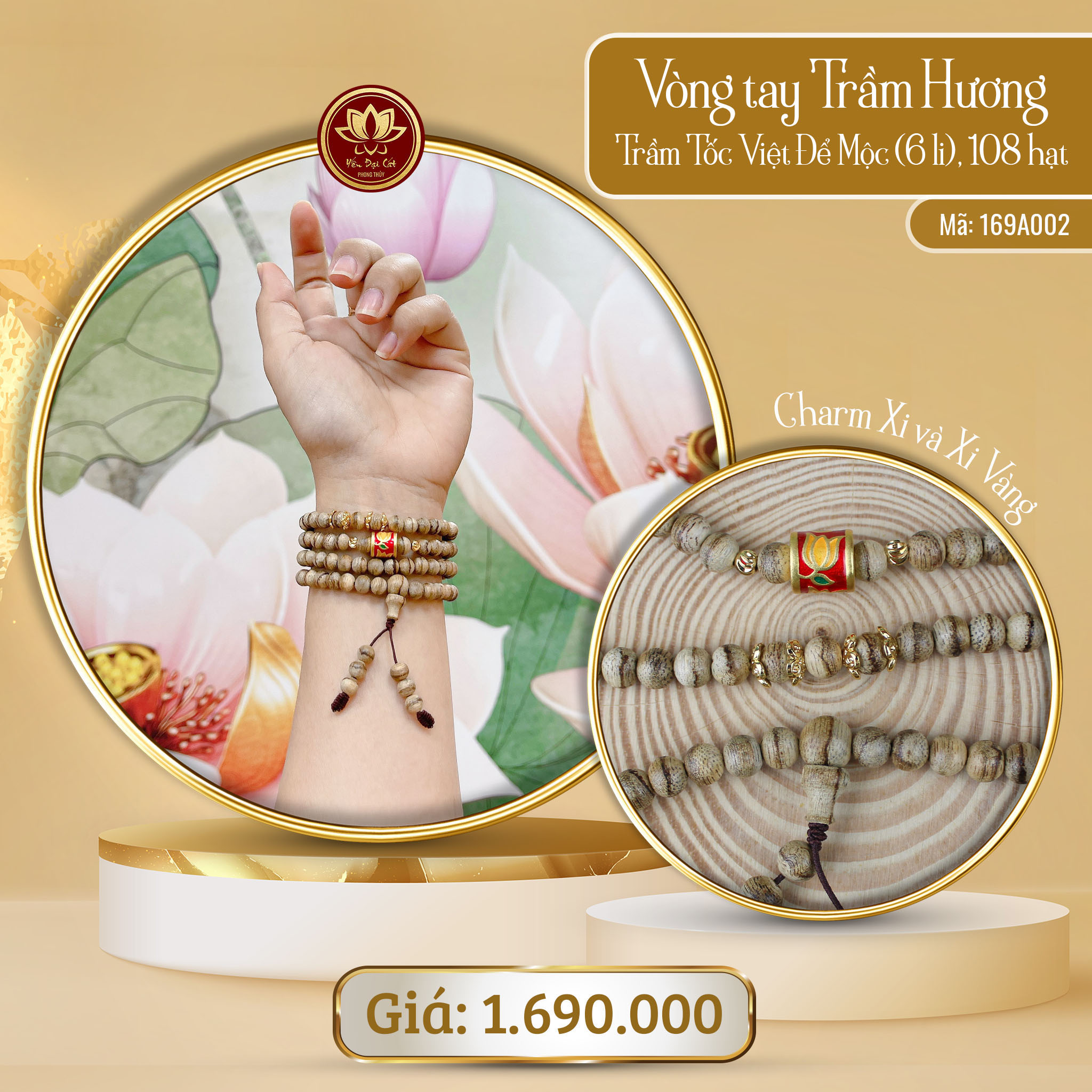 Vòng Tay Trầm Tốc Việt Để Mộc 6 Ly, 108 Hạt 169A002