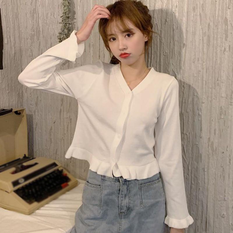 Áo Cardigan Dệt Kim Tay Dài Phối Nút Thiết Kế Cổ Chữ V Thanh Lịch