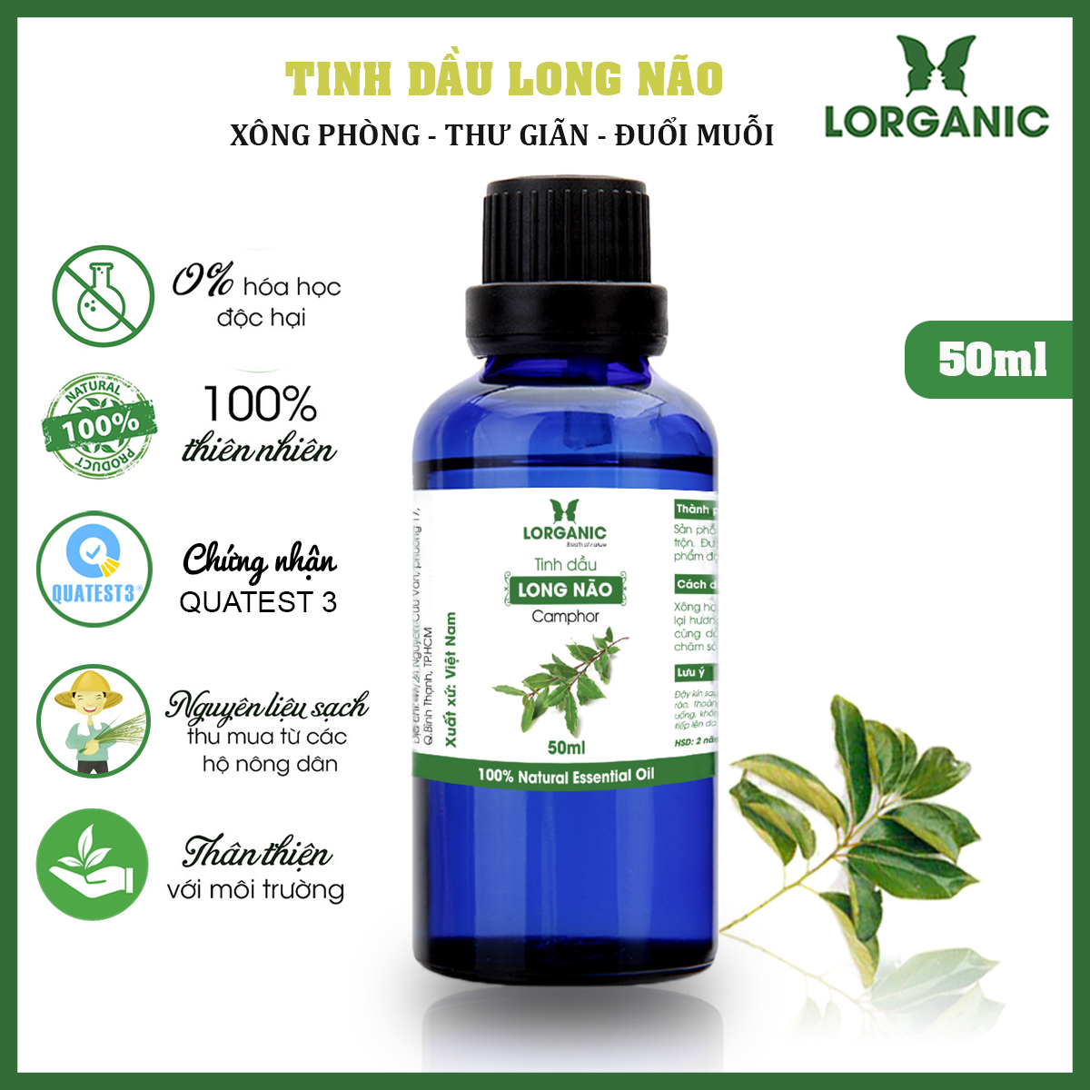 Tinh dầu long não Lorganic Camphor 50ml/ Hương thơm dịu nhẹ/ Tinh dầu thiên nhiên nguyên chất xông phòng, thư giãn tinh thần, đuổi muỗi và côn trùng, khử mùi hiệu quả/ Thích hợp dùng với đèn xông và máy khuếch tán.